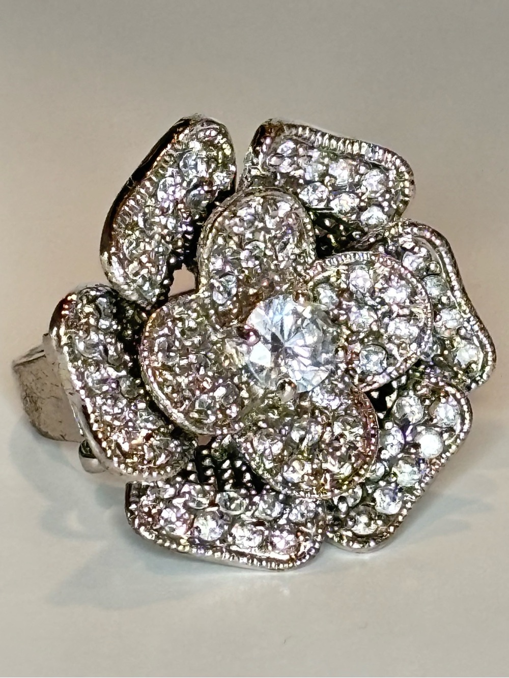 Large Floral CZ Cocktail Ring Silver Tone Pave Crystal Statement Size 6.75